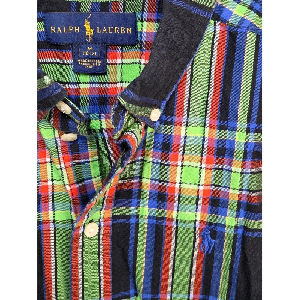Ralph Lauren Boys Green Blue Plaid Button‎ Down Shirt Size M 10-12 Long Sleeve